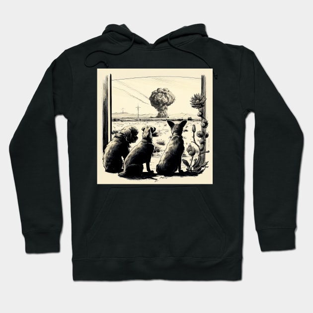 Dogs watching nuclear blast retro Hoodie by One Eyed Cat Design